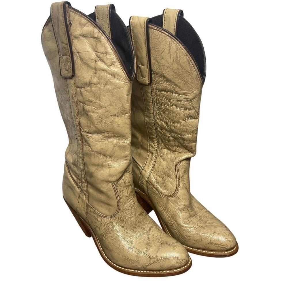 Vintage Texas Tan Marble Leather Cowboy Western Stacked Heel Boot Womens Size 5